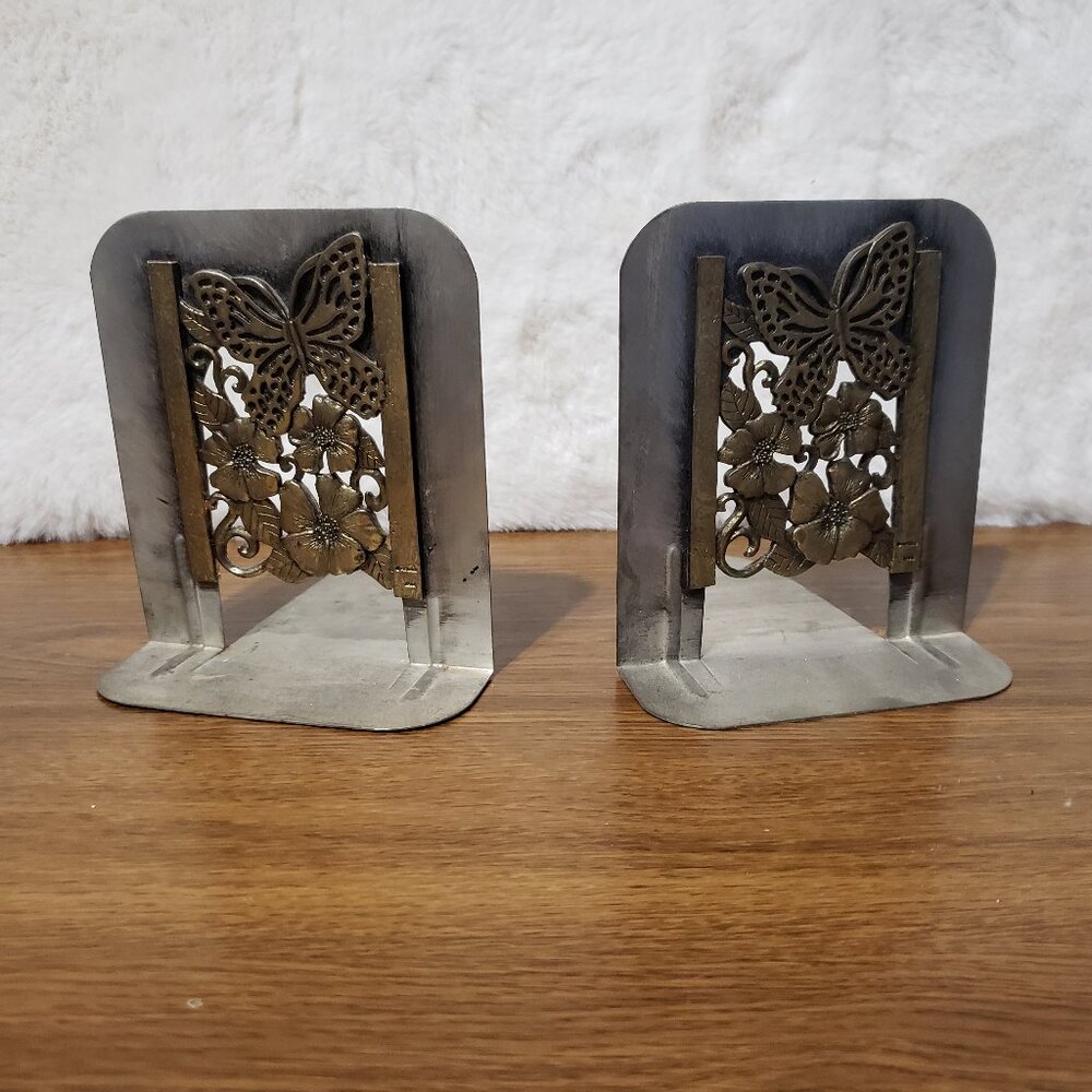 Vintage 1980 Metzke Pewter Butterfly Flowers Bookends Silver Gold Decor